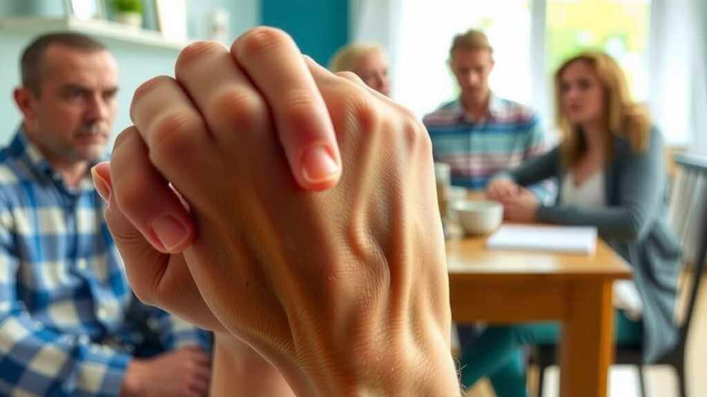 Manos que muestran tensión en medio de una reunión familiar.