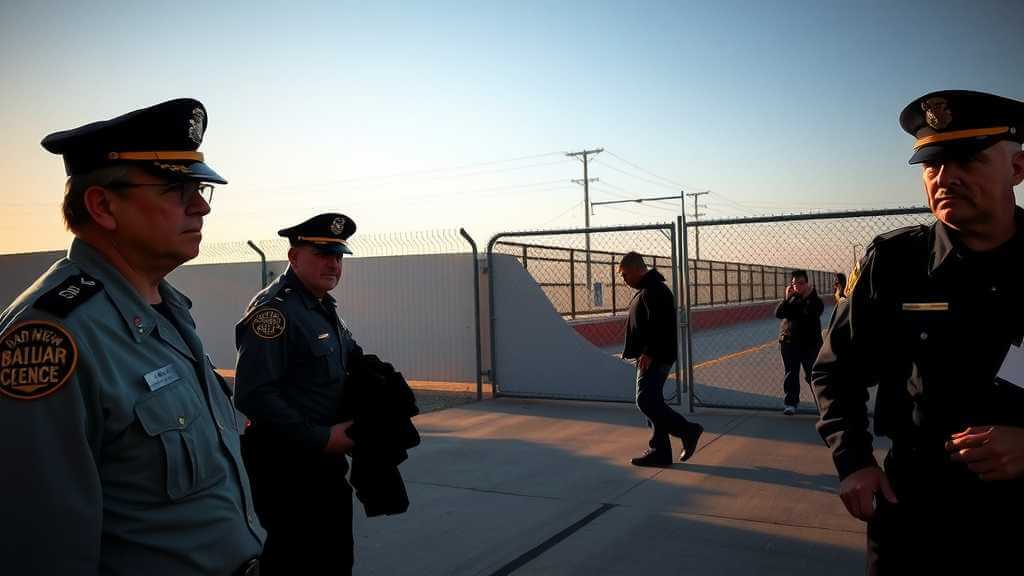 Agentes fronterizos en un puesto de control con valla de seguridad.