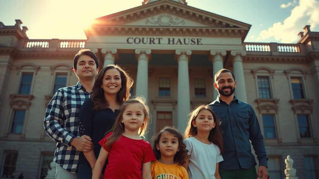 Una familia delante de un tribunal histórico, símbolo de ciudadanía y unidad.