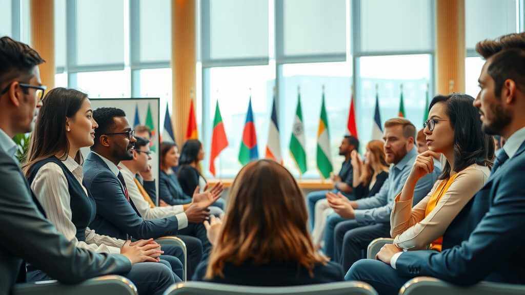 a diverse group of individuals debating citizenship rights in a modern conference roomjpeg