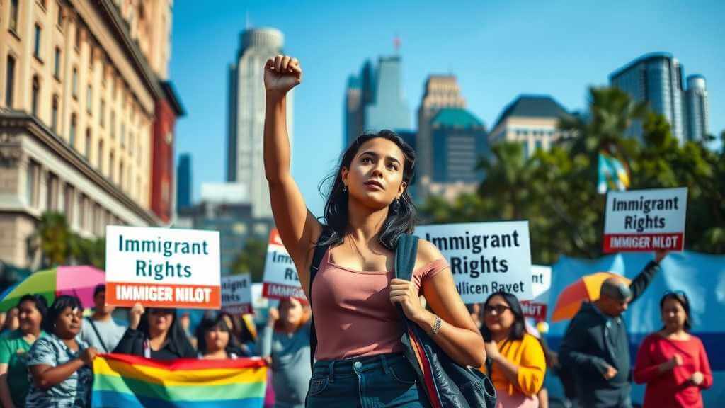 a diverse group of people rallying for immigrant rightsjpeg