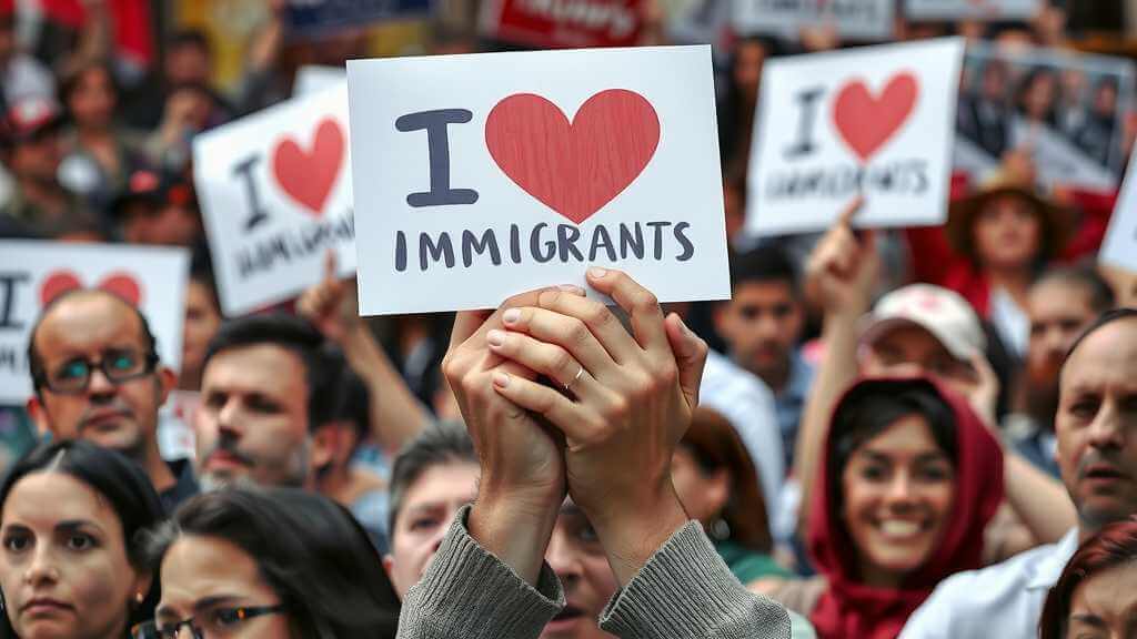 Manos sosteniendo una pancarta en una manifestación por los derechos de los inmigrantes.