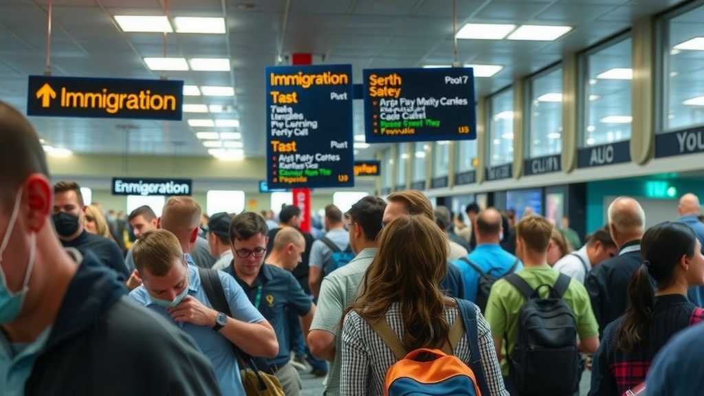La concurrida zona de inmigración del aeropuerto llena de viajeros ansiosos