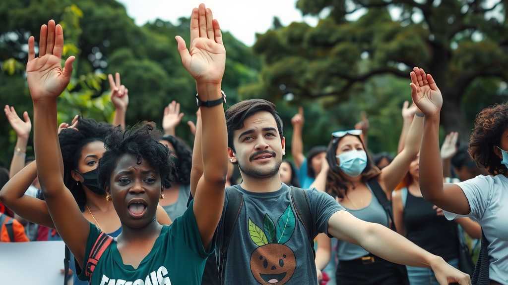 Una representación visual del activismo centrado en los derechos de los inmigrantes, rodeado de naturaleza y unidad.