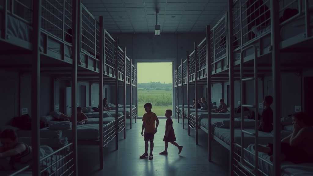 Interior de un centro de detención de inmigrantes, mostrando a niños en medio de duras condiciones.