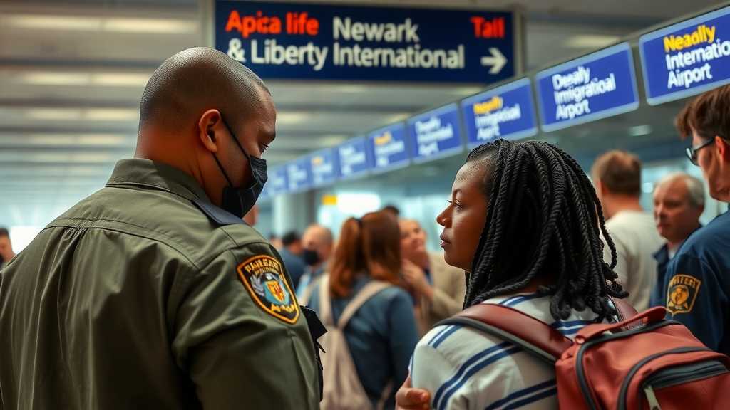 a family looking worried as immigration officers question them at newark liberty international airportjpeg