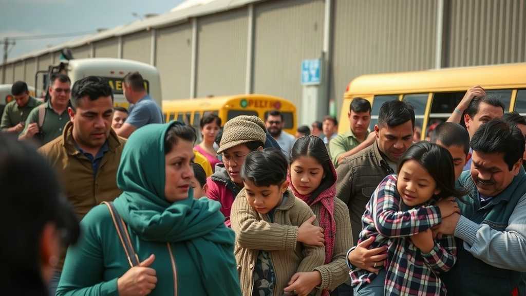 Familias que llegan a un centro de detención de inmigrantes, mostrando sus expresiones de ansiedad.