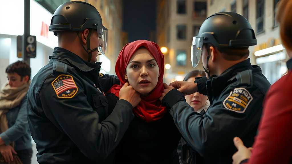 a young woman in a red headscarf appears distressed while being apprehended by agents in masks on a busy city sidewalkjpeg
