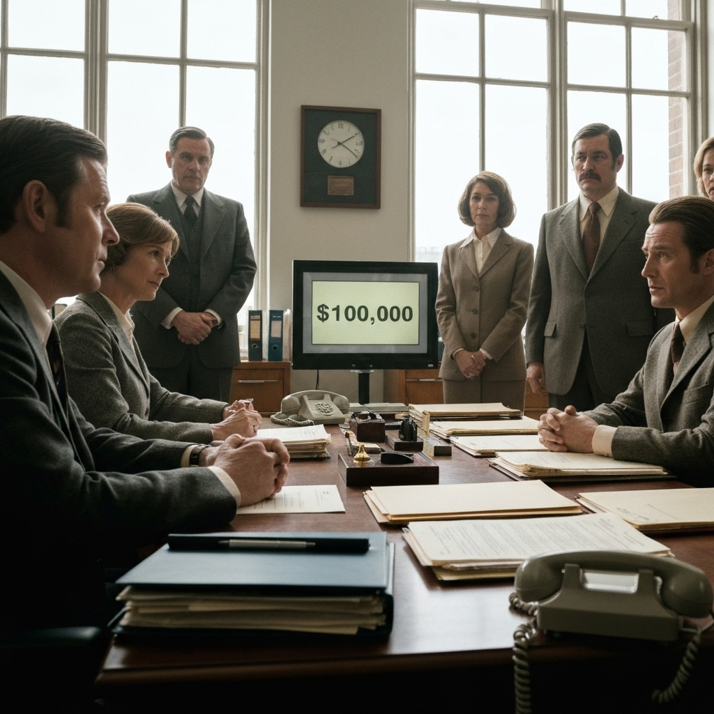 A government office scene showing officials discussing policy around a desk with papers and a display showing 100000.