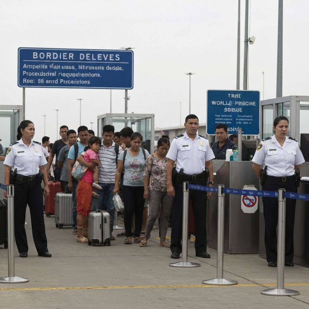 Zava Immigration Law Punto de control fronterizo con agentes y viajeros en fila bajo señalización