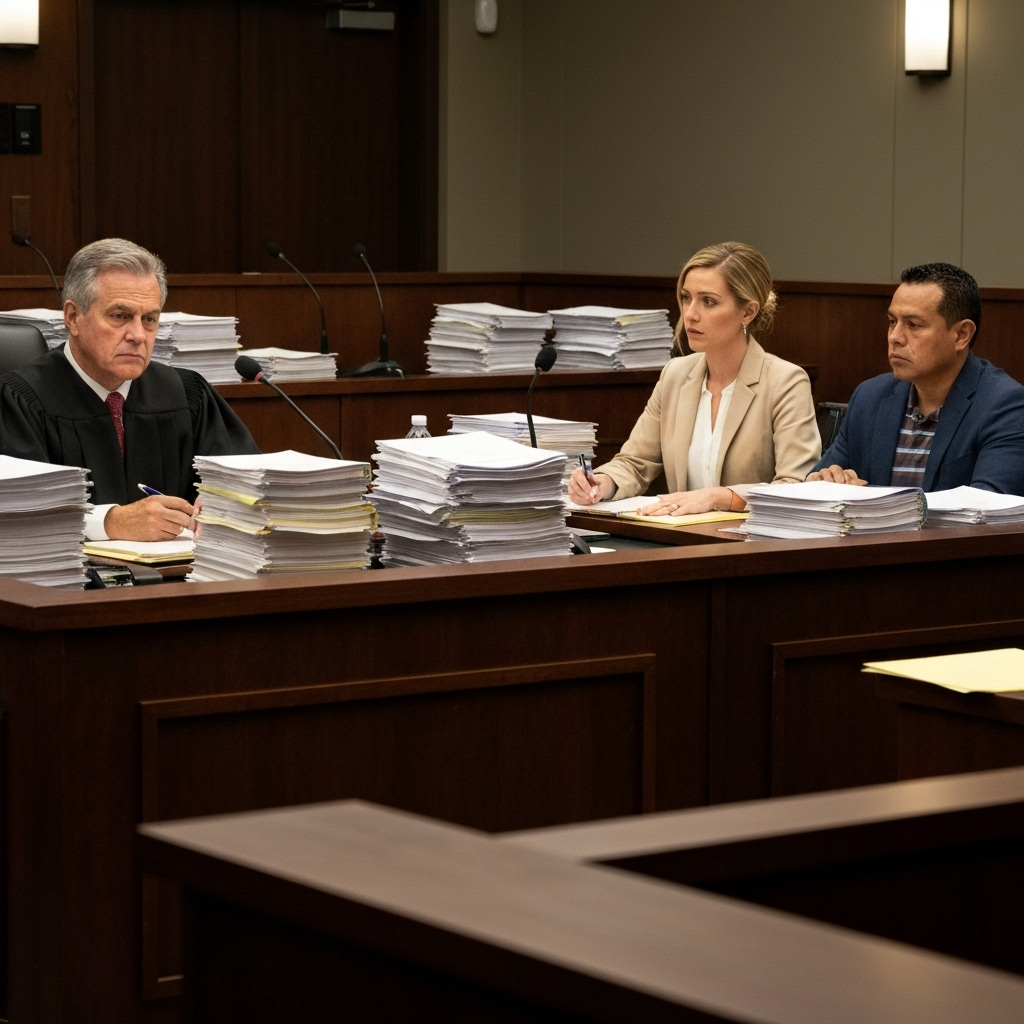 courtroom scene with immigration judge and attorney at desks during hearing