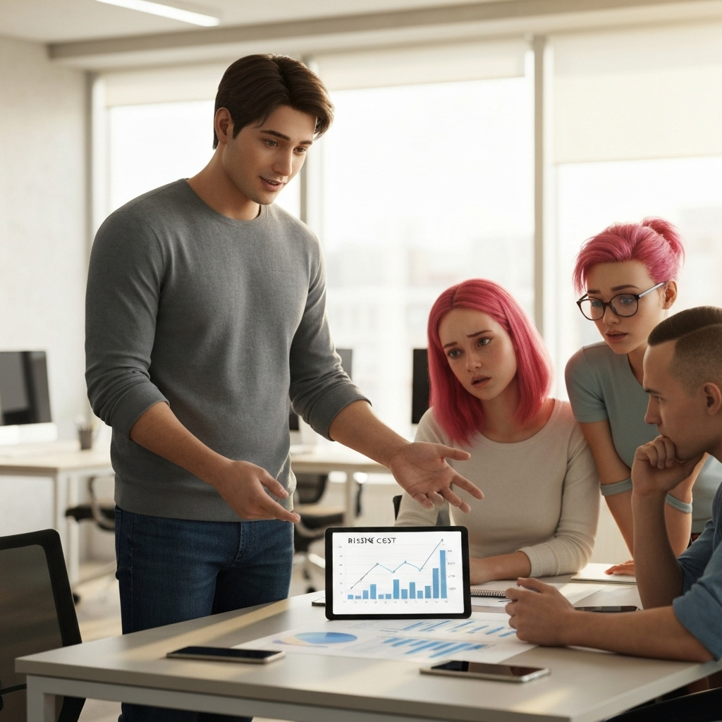 Zava Immigration Law Gerente de recursos humanos explica el aumento de costos a un equipo startup utilizando una tableta en una oficina moderna.