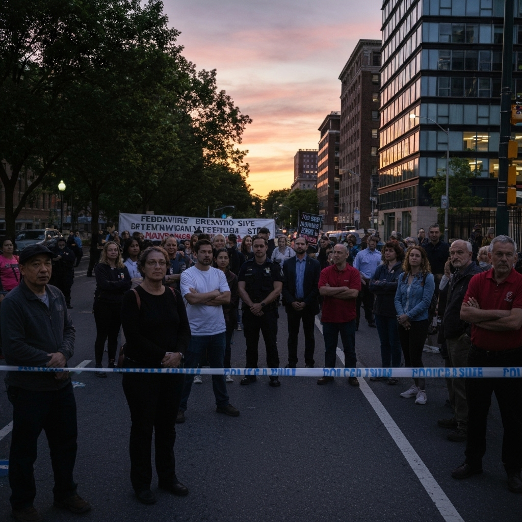 Photo of a crowded protest outside a detention facility at dusk, with signs, barriers, and photographers capturing the scene.