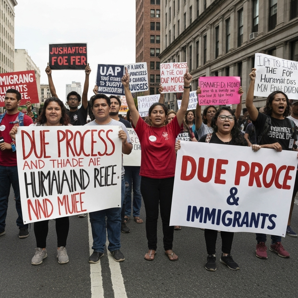 Zava Immigration Law Escena de protesta con defensores diversos sosteniendo carteles cerca de una calle de la ciudad