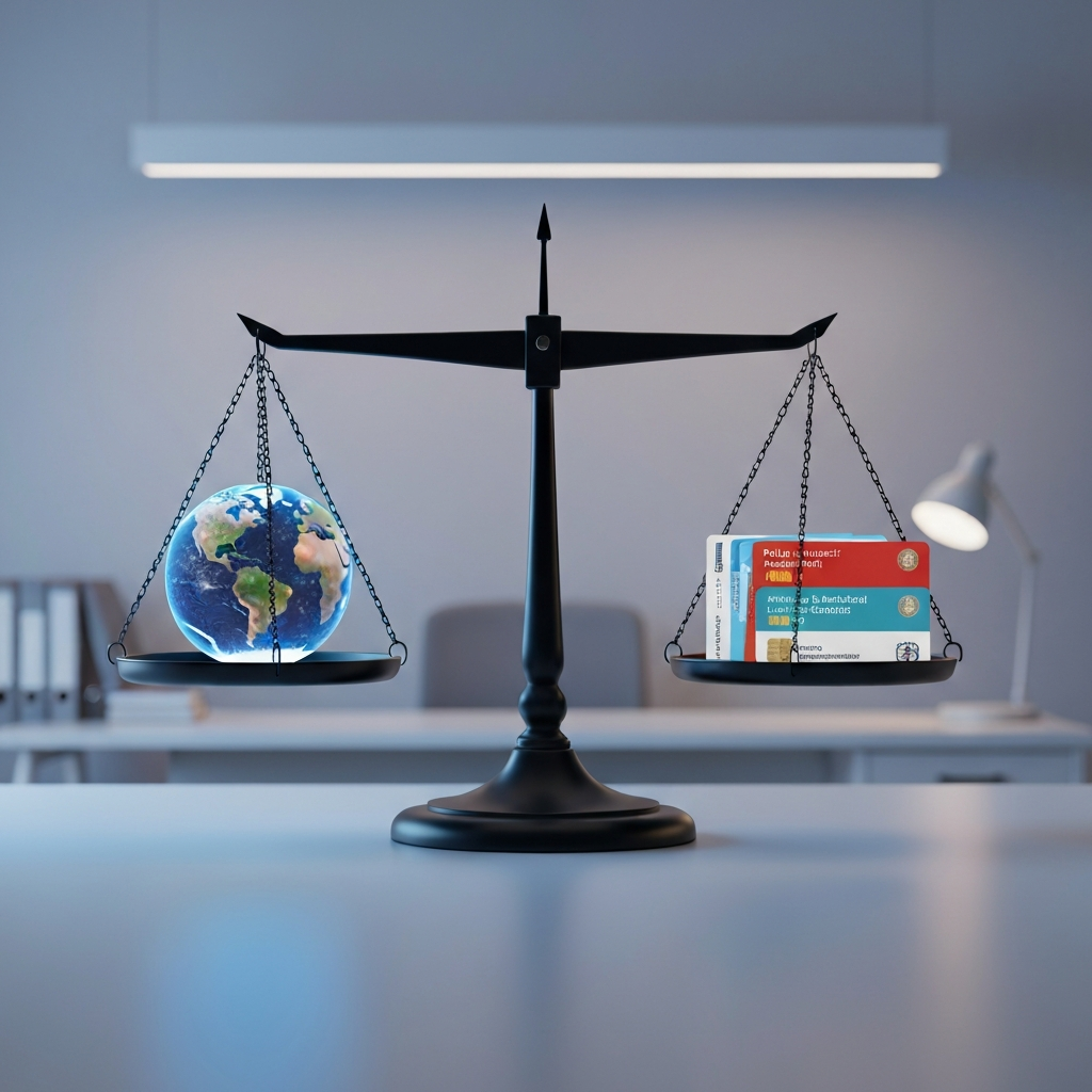 Symbolic balance of globe and benefit cards.