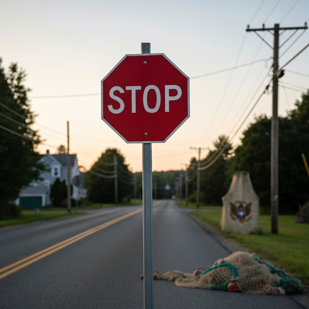 Still life with stop sign over rural Maine street