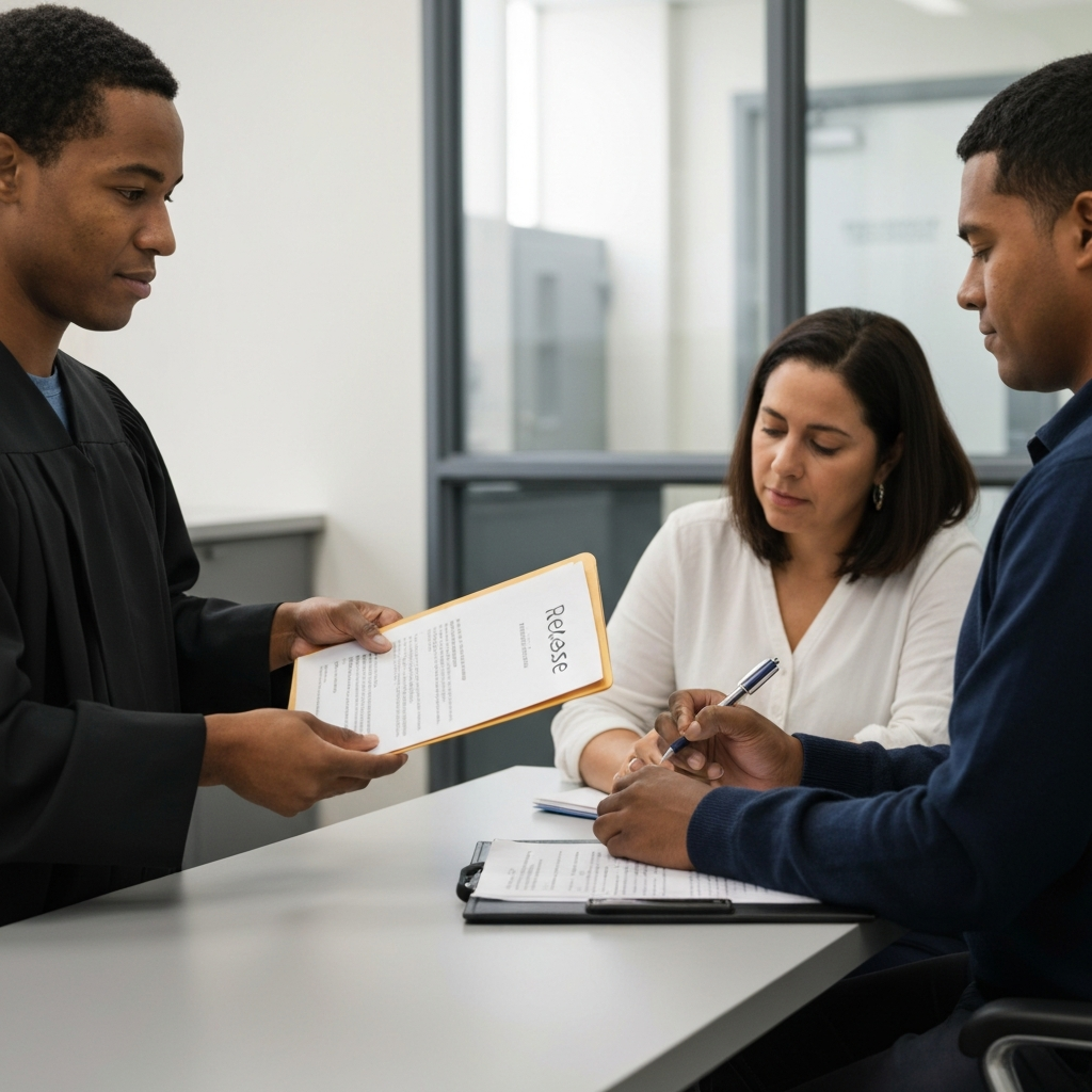 Zava Immigration Law Attorney and client exchange release papers