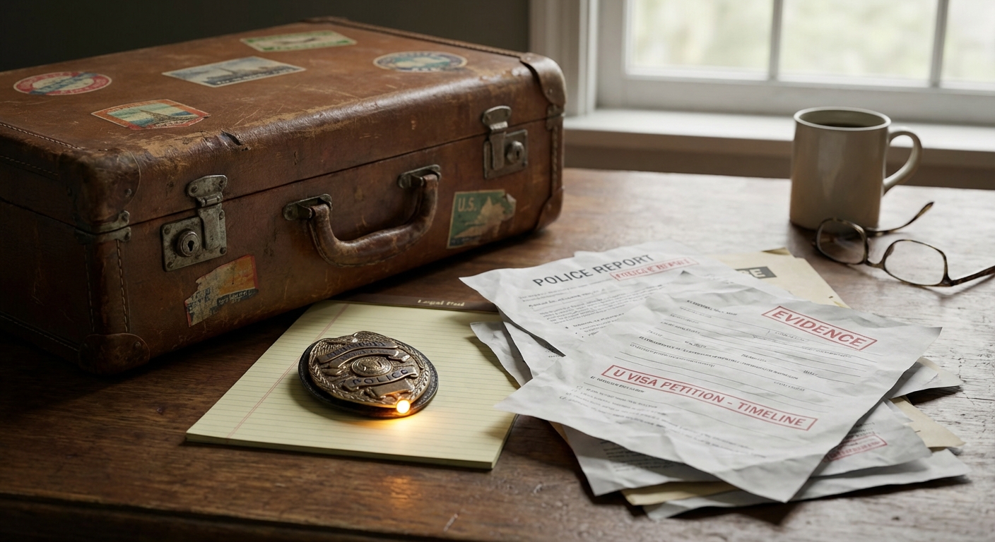Symbolic scene of documents and badge, illustrating the u visa can be denied
