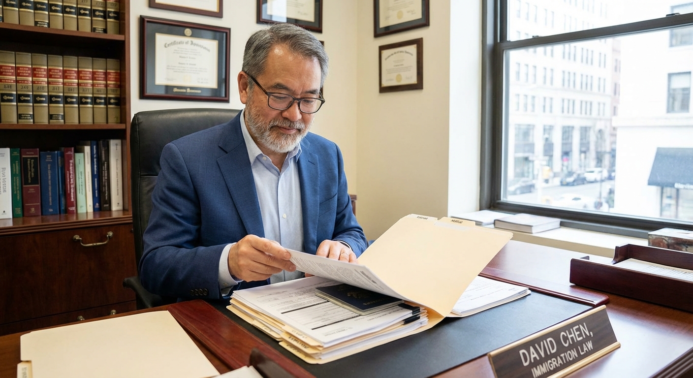 Zava Immigration Law Immigration attorney reviewing organized documents, managing a case of individuals detained by ICE.