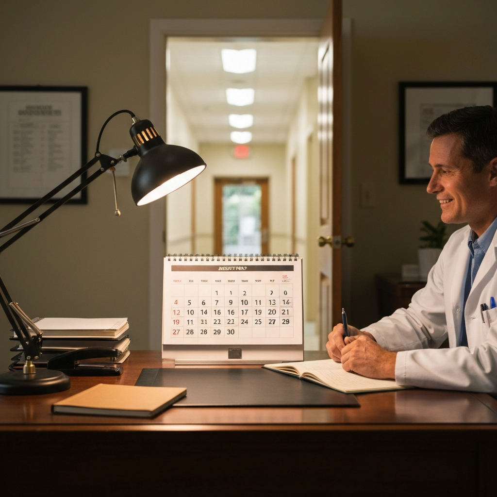 Desk scene with calendar and doorway