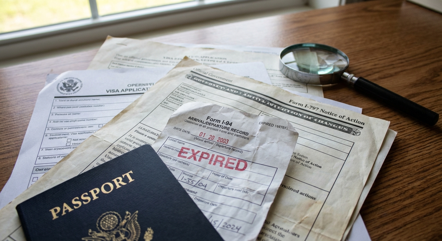 Documentos migratorios vencidos sobre un escritorio, representando que pasa si me quedo ilegal en Estados Unidos.