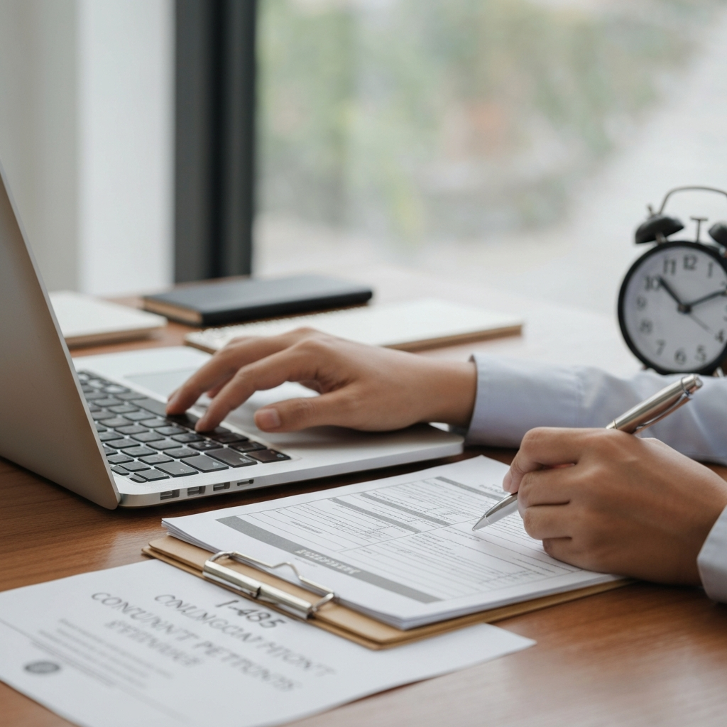 Manos escribiendo y firmando formularios junto a lista de verificación I-485.