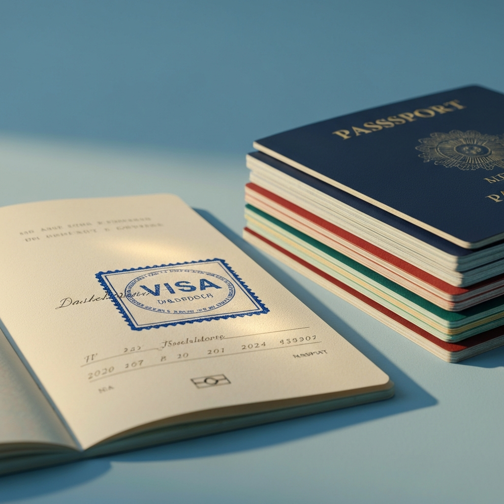 Minimalist desk with calendar and visa stamp.