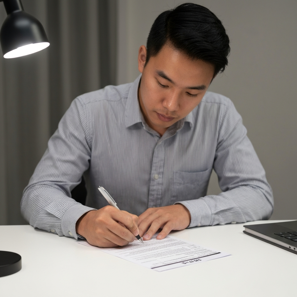 Zava Immigration Law Person signing I-485 at desk