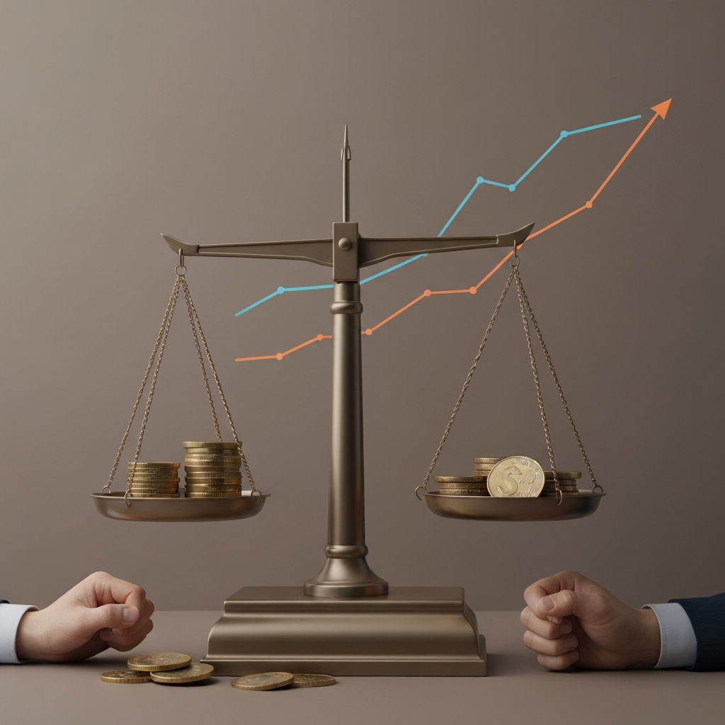 Scale with coins and wage chart.