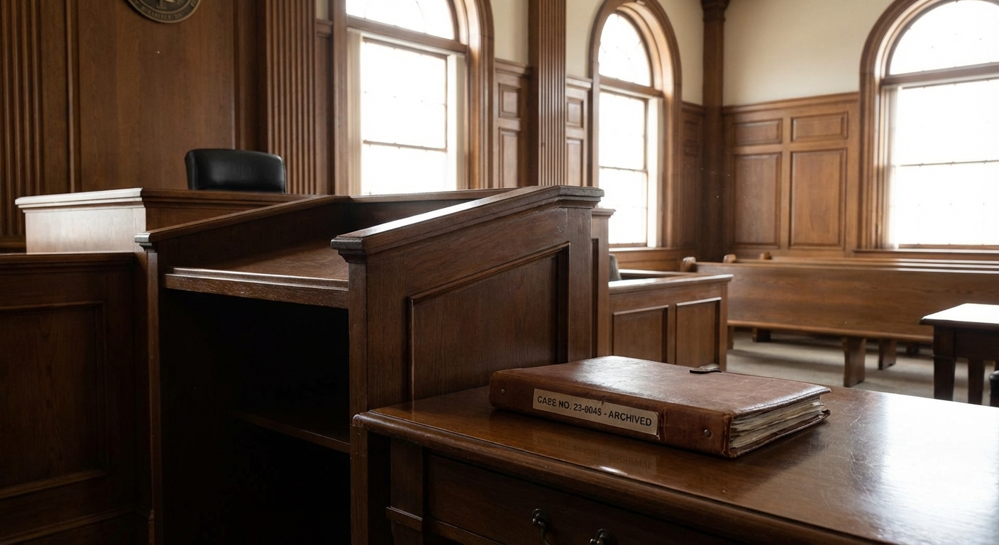 Zava Immigration Law Tribunal vacío con un folder legal, simbolizando la espera y el proceso de cuánto tiempo puede estar detenido un inmigrante.