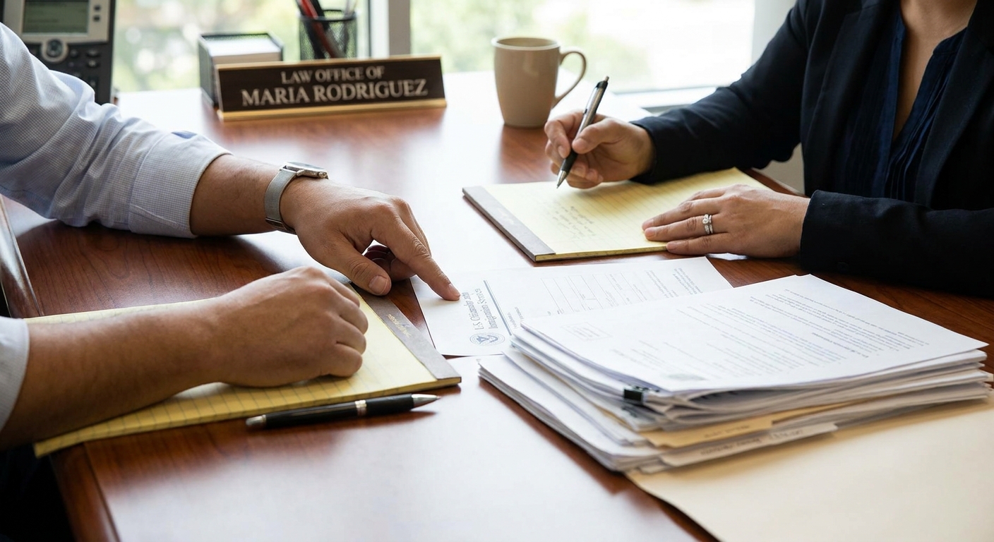Zava Immigration Law Abogado consultando documentos de un cliente sobre tarjeta verde con antecedentes penales en oficina.