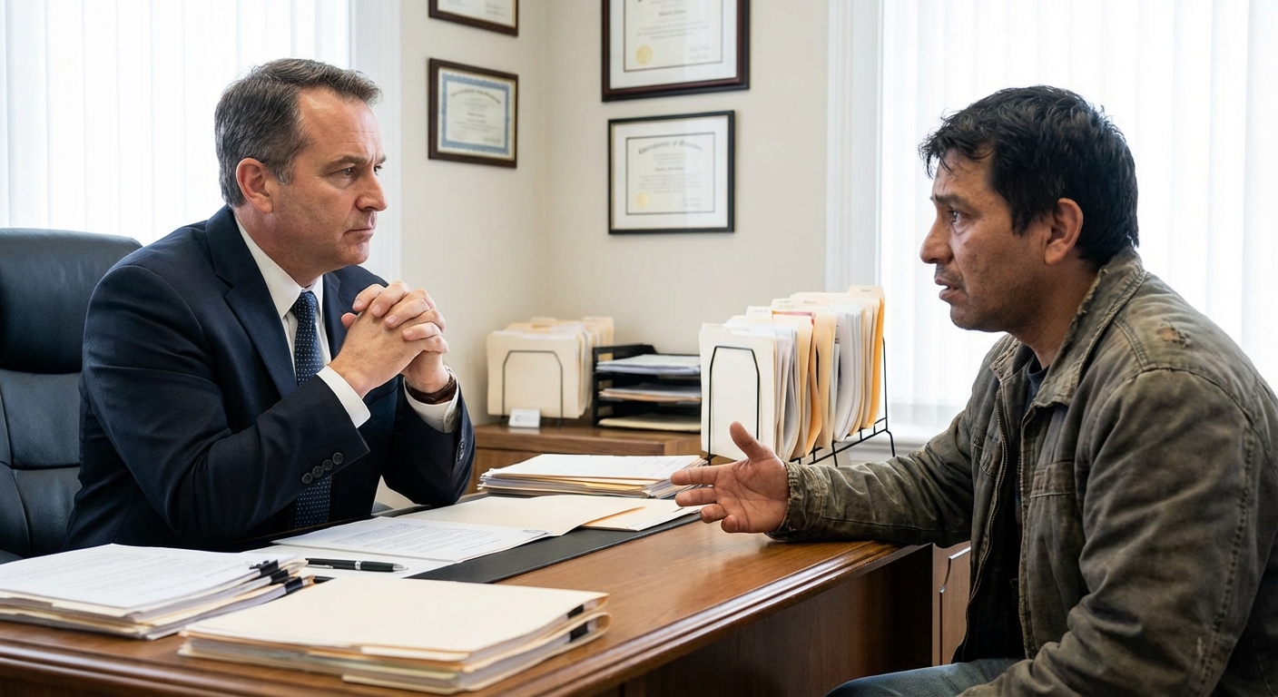 Zava Immigration Law Immigration criminal defense attorney discussing the impact of an aggravated felony with a client in an office.