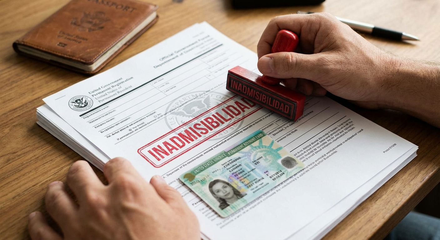 Documentos migratorios y una Green Card con un sello que indica la complejidad del delito de vileza moral inmigracion.