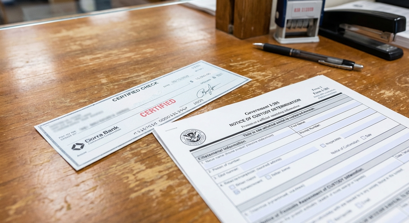 Documentos y pago en una oficina de ICE, mostrando como pagar fianza de inmigracion con cheque certificado.