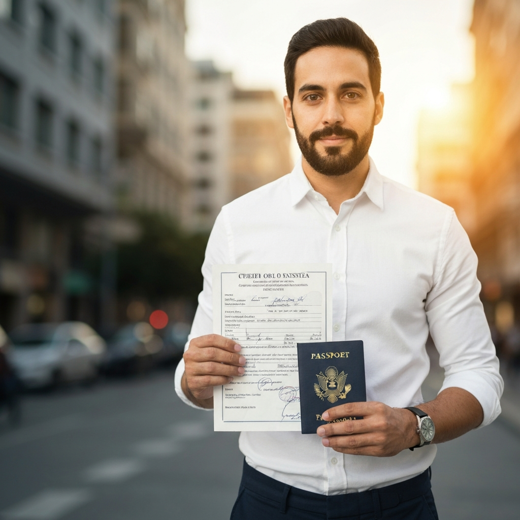 Zava Immigration Law Inmigrante esperanzado sonriendo mientras sostiene el recibo I-485
