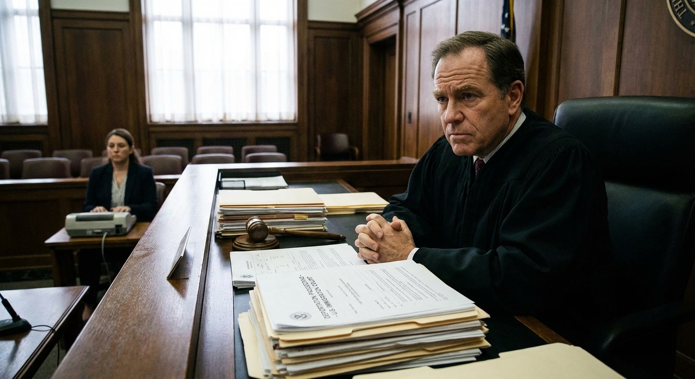 Zava Immigration Law Immigration judge in a courtroom with documents symbolizing a deportation process for an aggravated felony case.