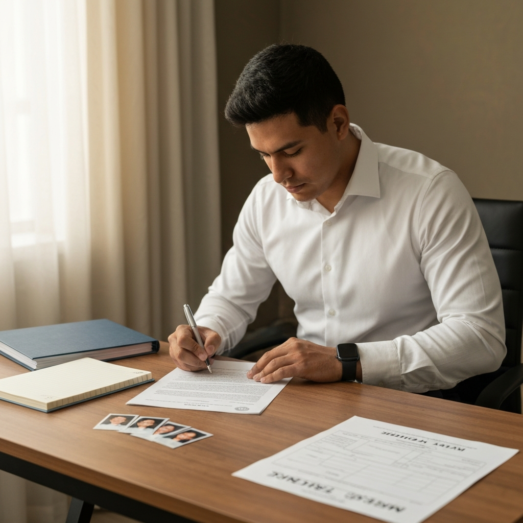 Zava Immigration Law Profesional firmando el Formulario I-485 en un escritorio ordenado