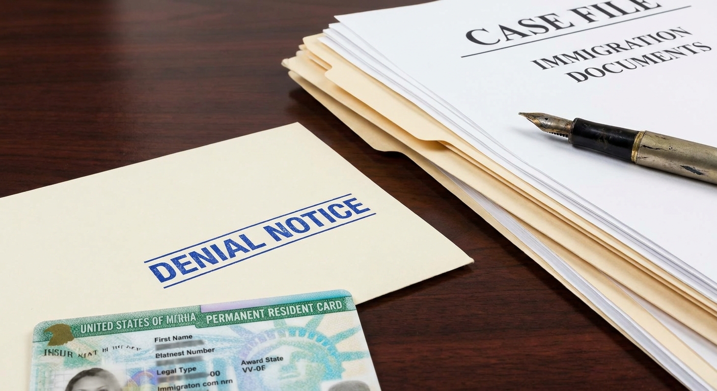 Una carta de denegacion sobre una tarjeta verde con antecedentes penales, junto a otros documentos legales.