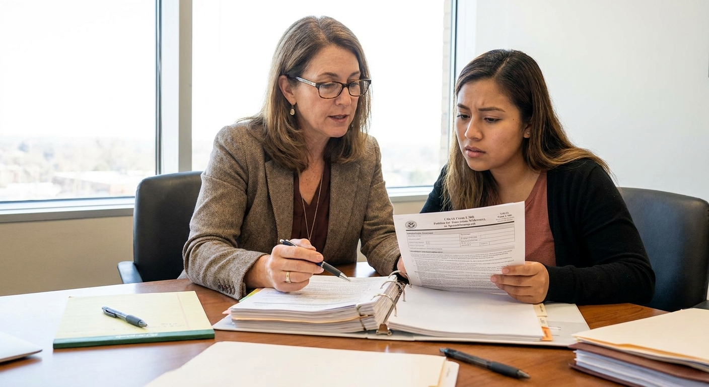 Zava Immigration Law A legal professional and client reviewing immigration application documents together at a law office.