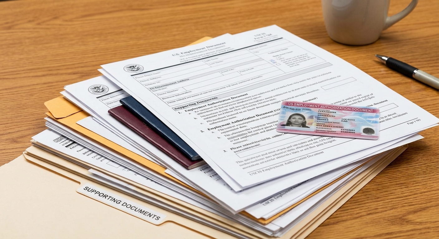 A meticulous arrangement of USCIS forms and an Employment Authorization Document, illustrating the complexity of a work permit application.