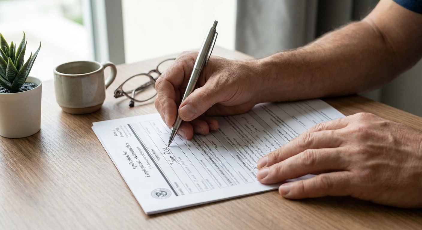 Zava Immigration Law A person's hands carefully completing an Employment Authorization Document application form.