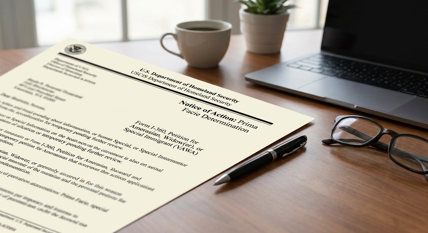 A USCIS letter confirming a prima facie determination VAWA, providing temporary relief for a self-petitioner's application.