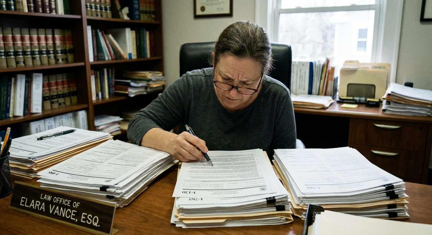 Zava Immigration Law Adult family member reviewing immigration application documents and forms at a professional law office desk.