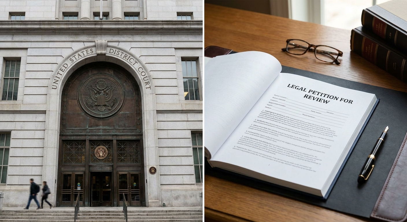 An imposing federal courthouse exterior with a legal petition document representing a habeas corpus immigration challenge.