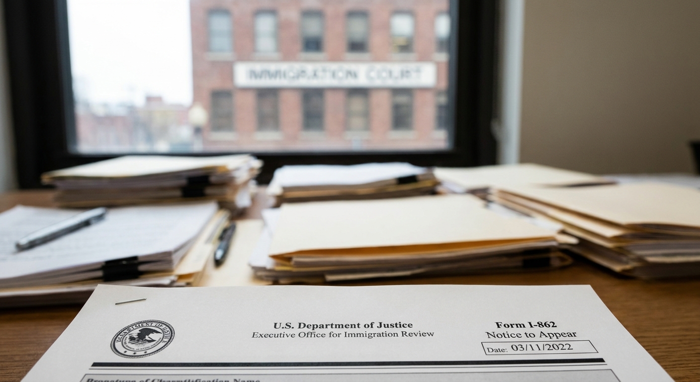 An official notice to appear immigration, Form I-862, on a desk with blurred legal documents and a courthouse in the background.