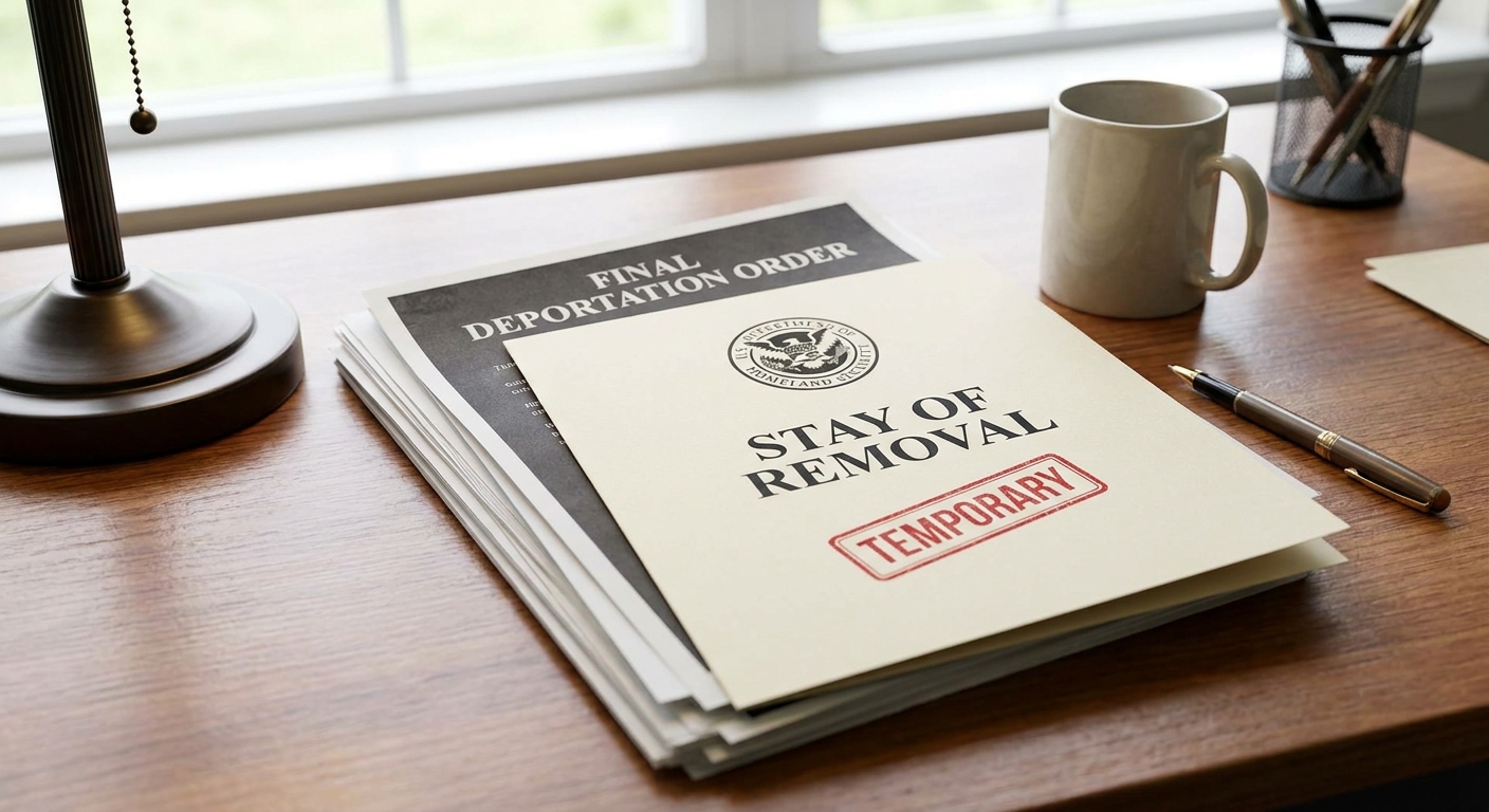 An official 'Stay of Removal' document partially covering a deportation order, symbolizing a temporary halt in proceedings.