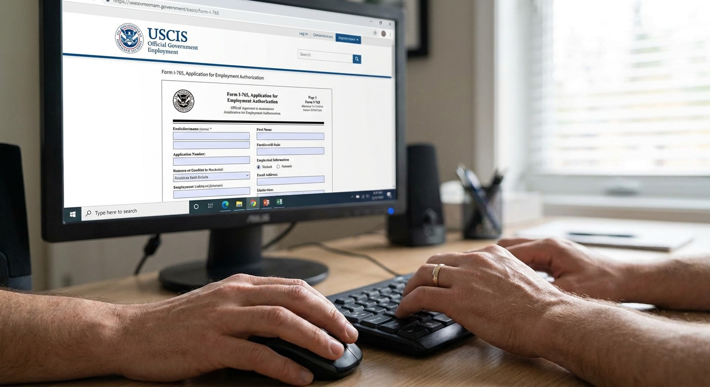 Zava Immigration Law Hands carefully completing a USCIS Form I-765 application online, ensuring accuracy.