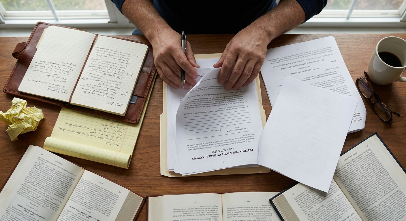 Zava Immigration Law Hands drafting a legal petition challenging immigration detention in a federal court setting.
