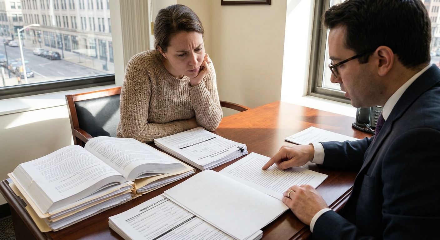 Zava Immigration Law Attorney and client reviewing immigration documents together. They analyze the requirements for a temporary stay of removal.