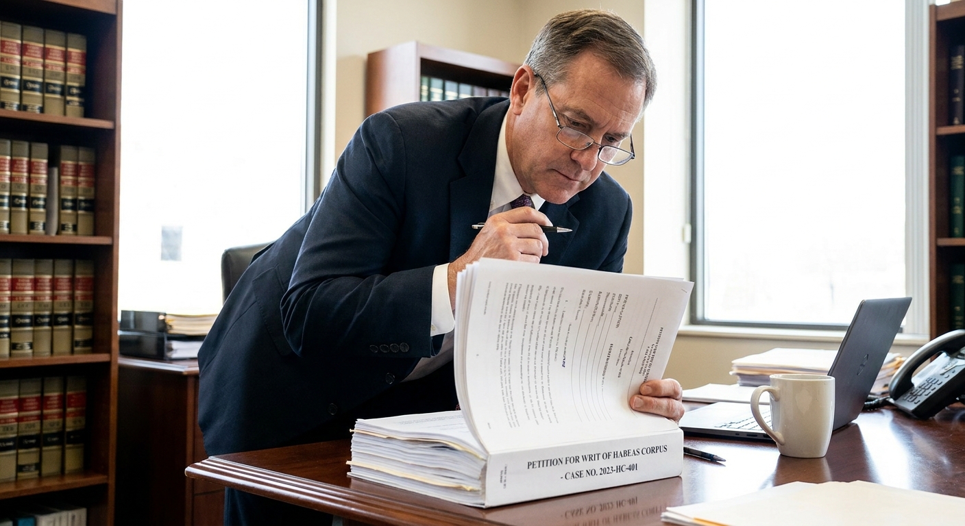 Zava Immigration Law Legal counsel reviewing habeas corpus immigration petition documents at a professional law office desk.
